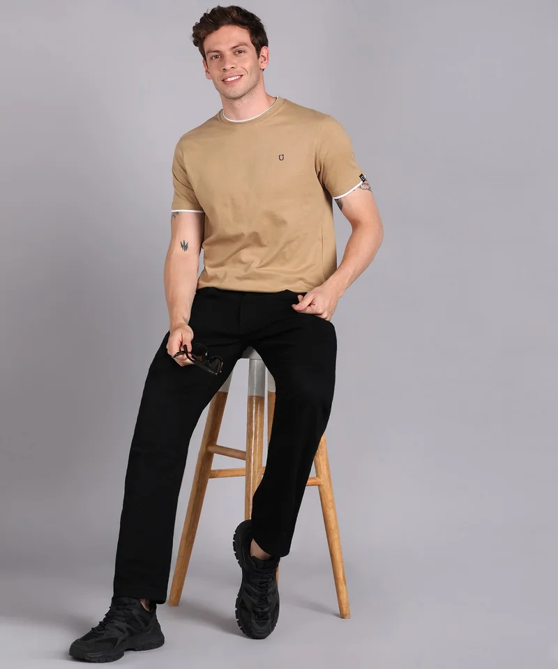 Urbano Fashion  Urbano Fashion Men's Solid Khaki Round Neck Half Sleeve Slim Fit Cotton T-Shirt  | Best Price UAE